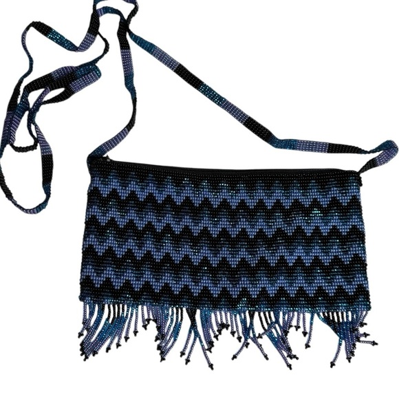 Handbags - Beaded Purse Bag Chevron Purple Blue Black Crossbody BeadedStrap Handmade Fringe
